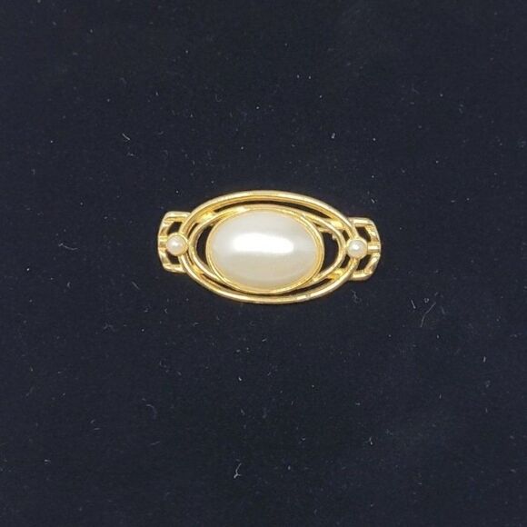 Retro Space Age Gold Tone Open Oval Faux Pearl Bezel Set Brooch Pin Pendant Glam - Picture 1 of 7